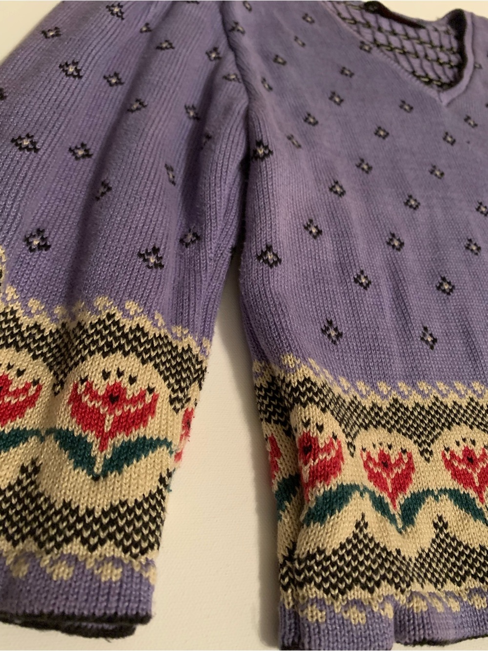 CULLINANE Vintage Purple Fair Isle Floral Knit Sweater V-Neck Cottage-core